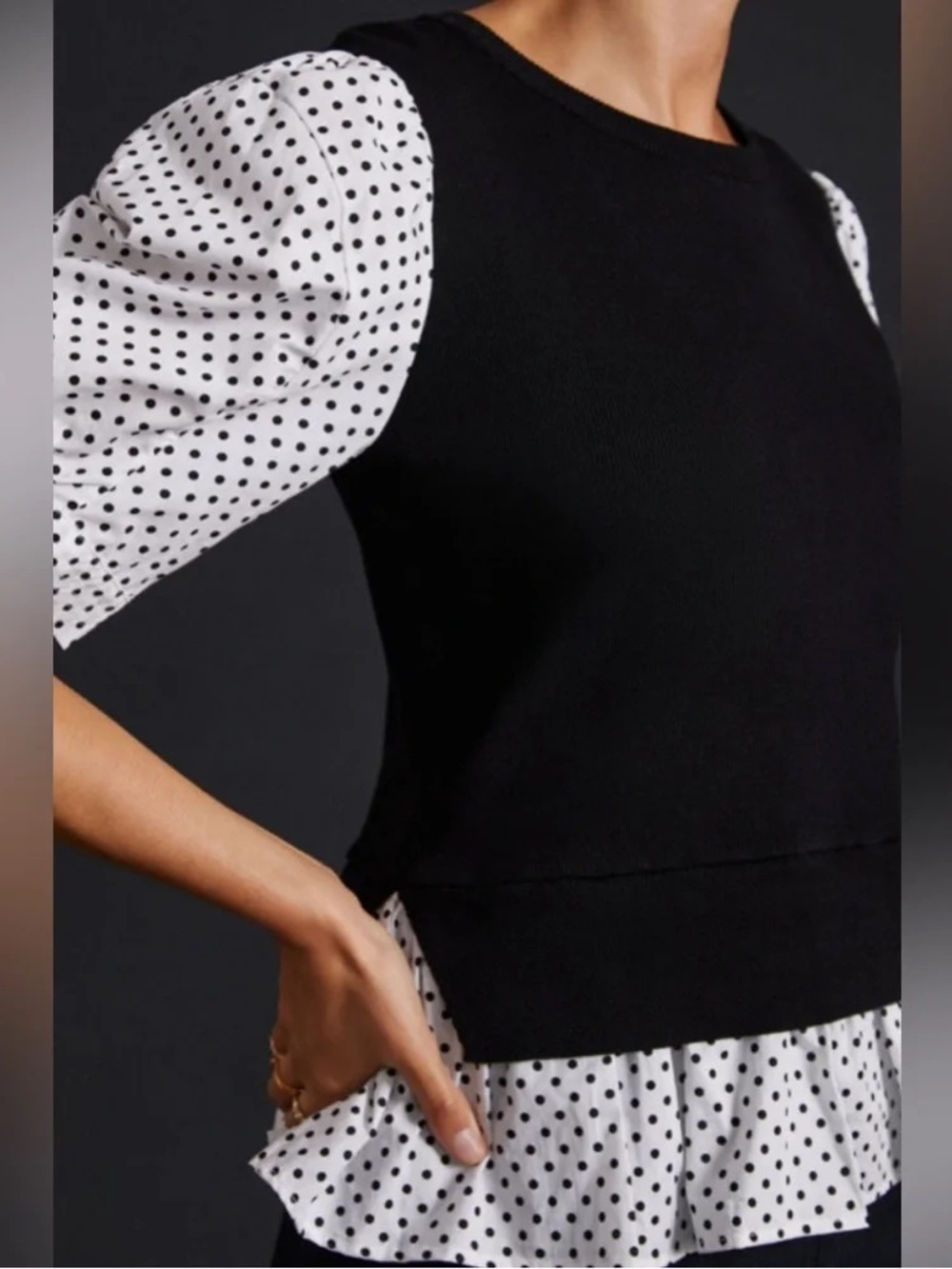 Anthropologie Dark Academia Black Knit Top with White Polka Dot Puff Sleeves